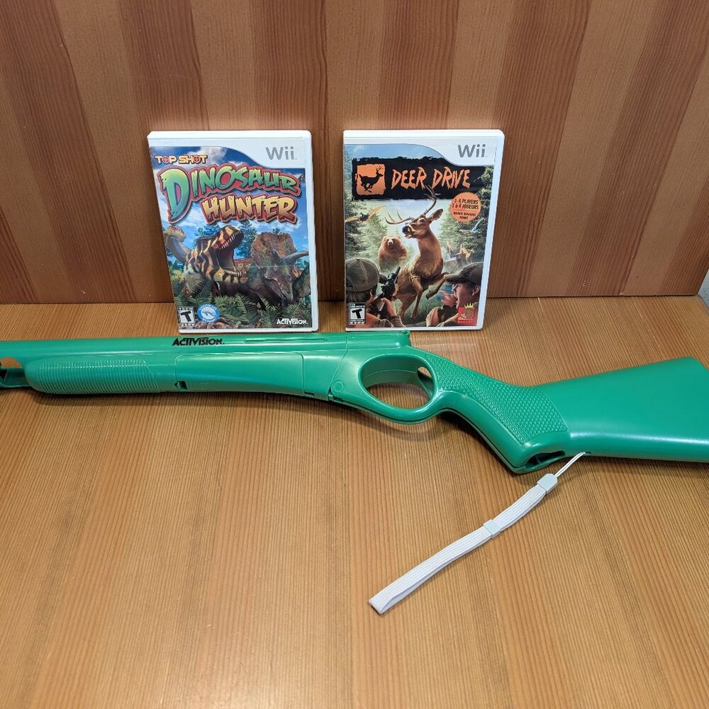 Wii Deer Drive & Top Shot Dinosaur Hunter w/Green Shotgun Controller TESTED VGUC